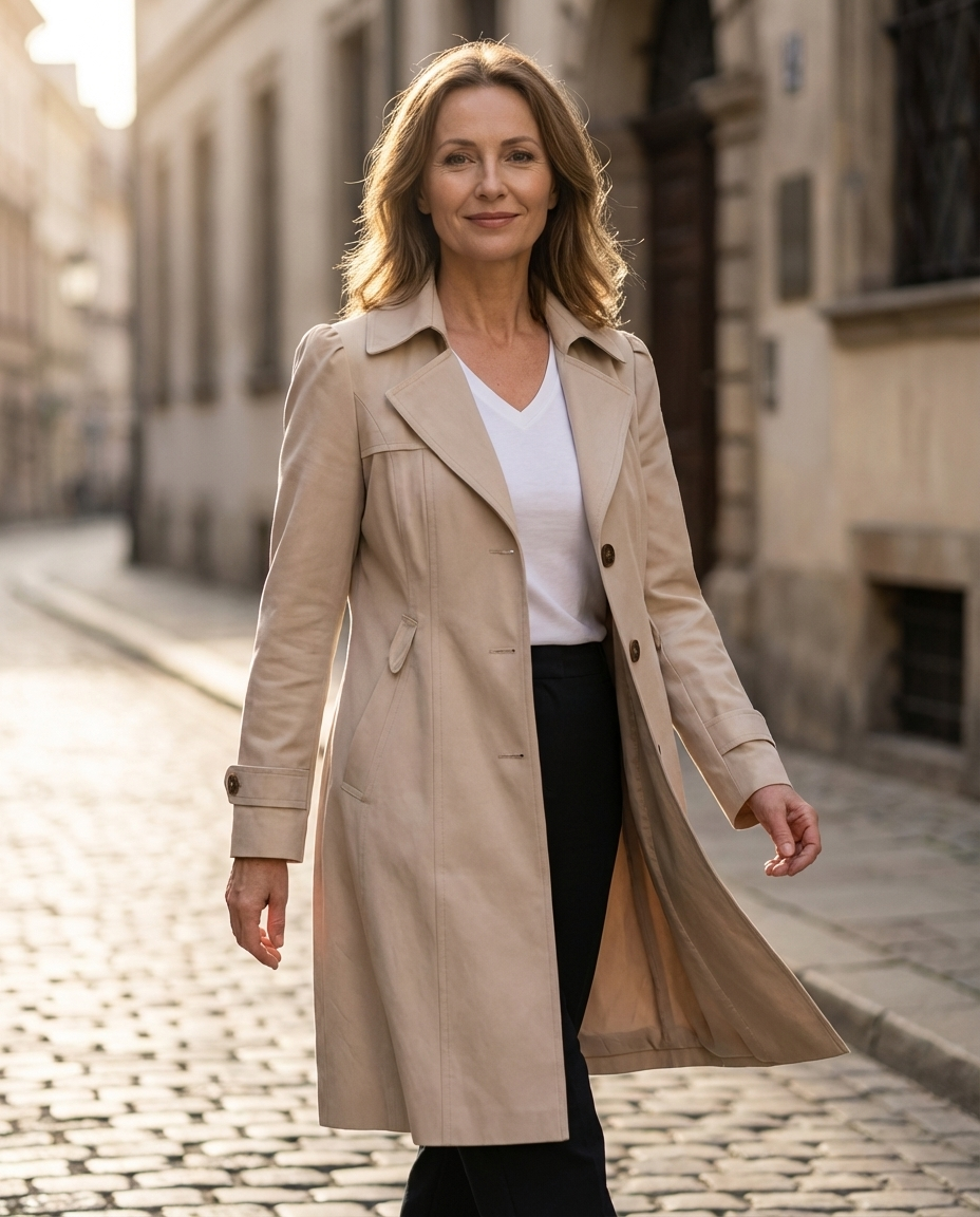Lifestyle image of a woman enjoying coffee, wearing the pink Estelle elegant summer trench coat.