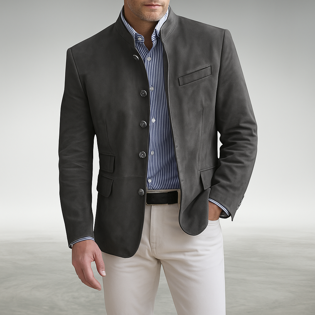 Front view of the Florian tailored everyday blazer in a dark color, showcasing its classic lapels and button closure.