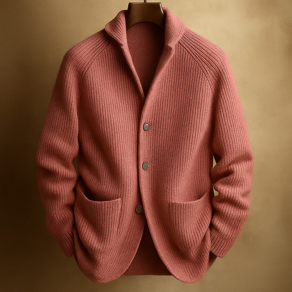 Side profile of a man in the grey Florian wool cardigan, highlighting the relaxed fit and shawl collar.