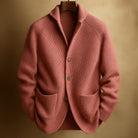 Side profile of a man in the grey Florian wool cardigan, highlighting the relaxed fit and shawl collar.
