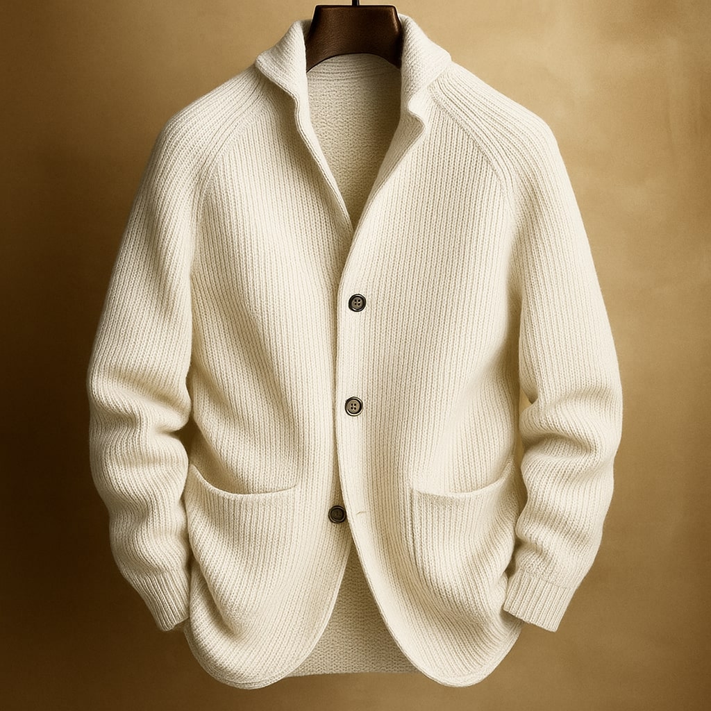 Close-up detail of the three-button closure on the classic men's wool cardigan.
