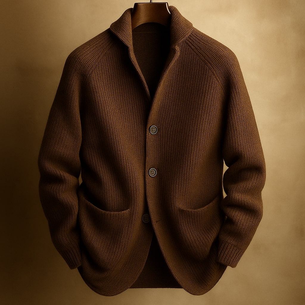 A man comfortably seated, wearing the black Florian wool cardigan, demonstrating its soft and warm feel.