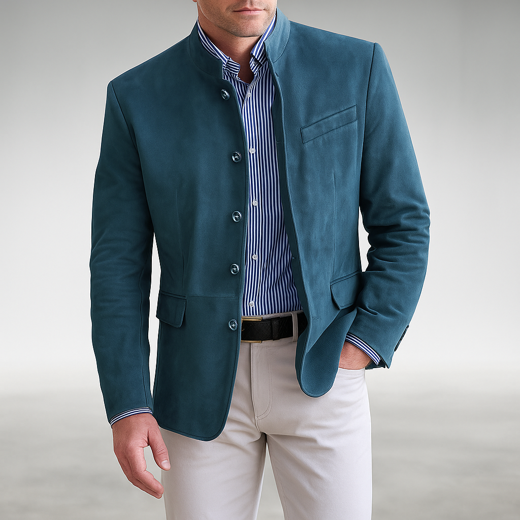 Lifestyle shot of a man wearing the Florian tailored everyday blazer over a casual shirt, demonstrating its versatility.