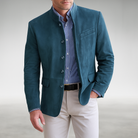 Lifestyle shot of a man wearing the Florian tailored everyday blazer over a casual shirt, demonstrating its versatility.