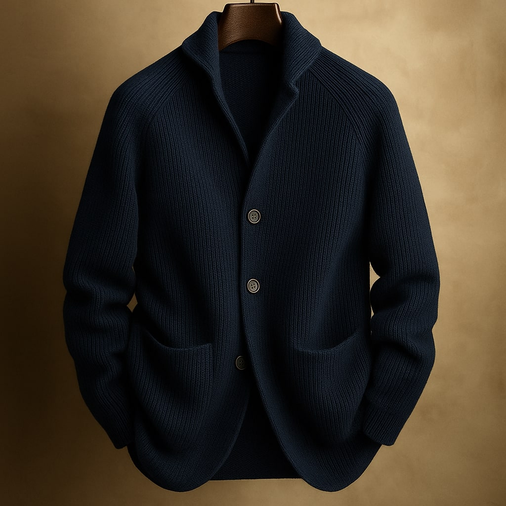 Back view of the Florian men's wool cardigan, illustrating the consistent fabric and drape.