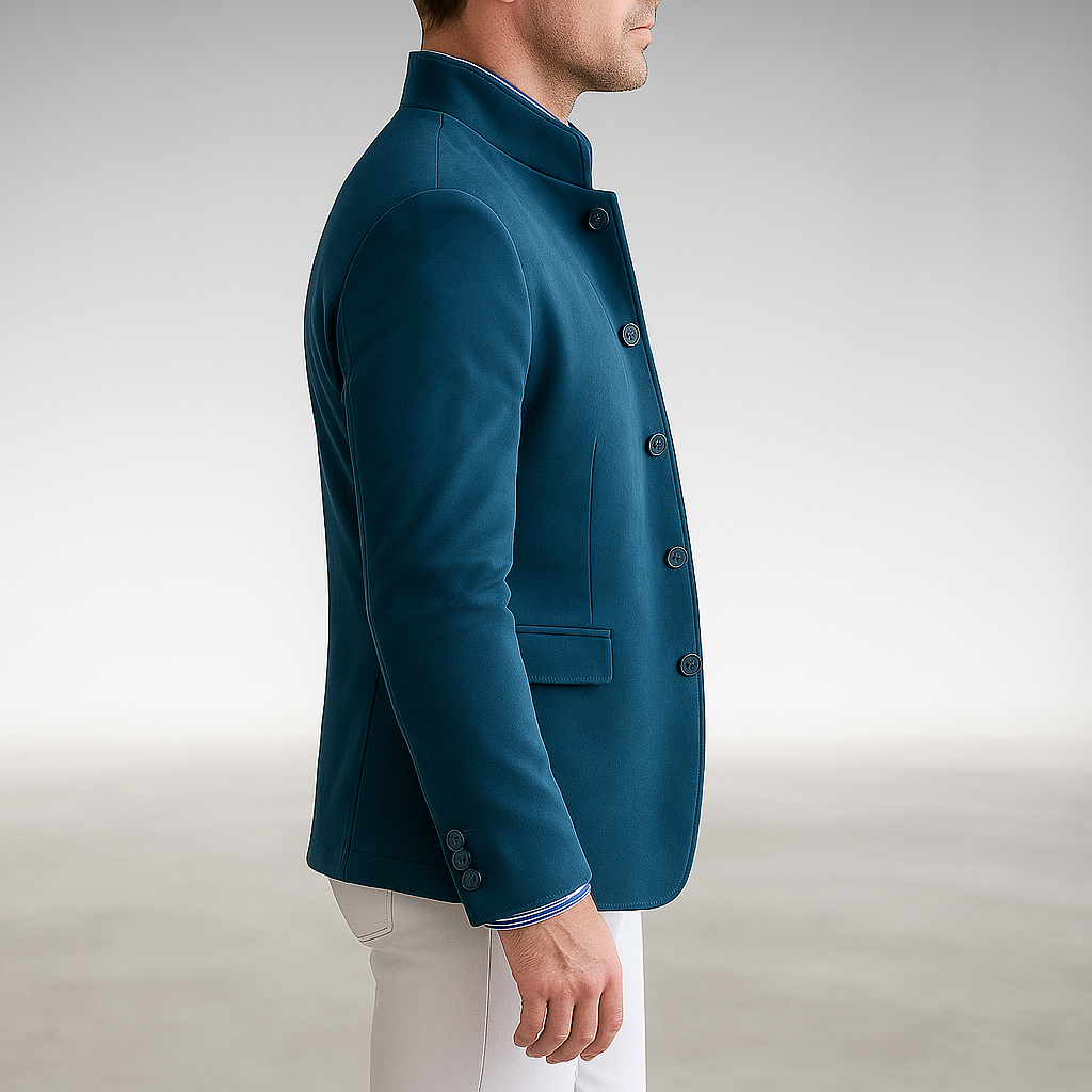 A man adjusting the cuff of the Florian tailored everyday blazer, focusing on the sleeve and button details.