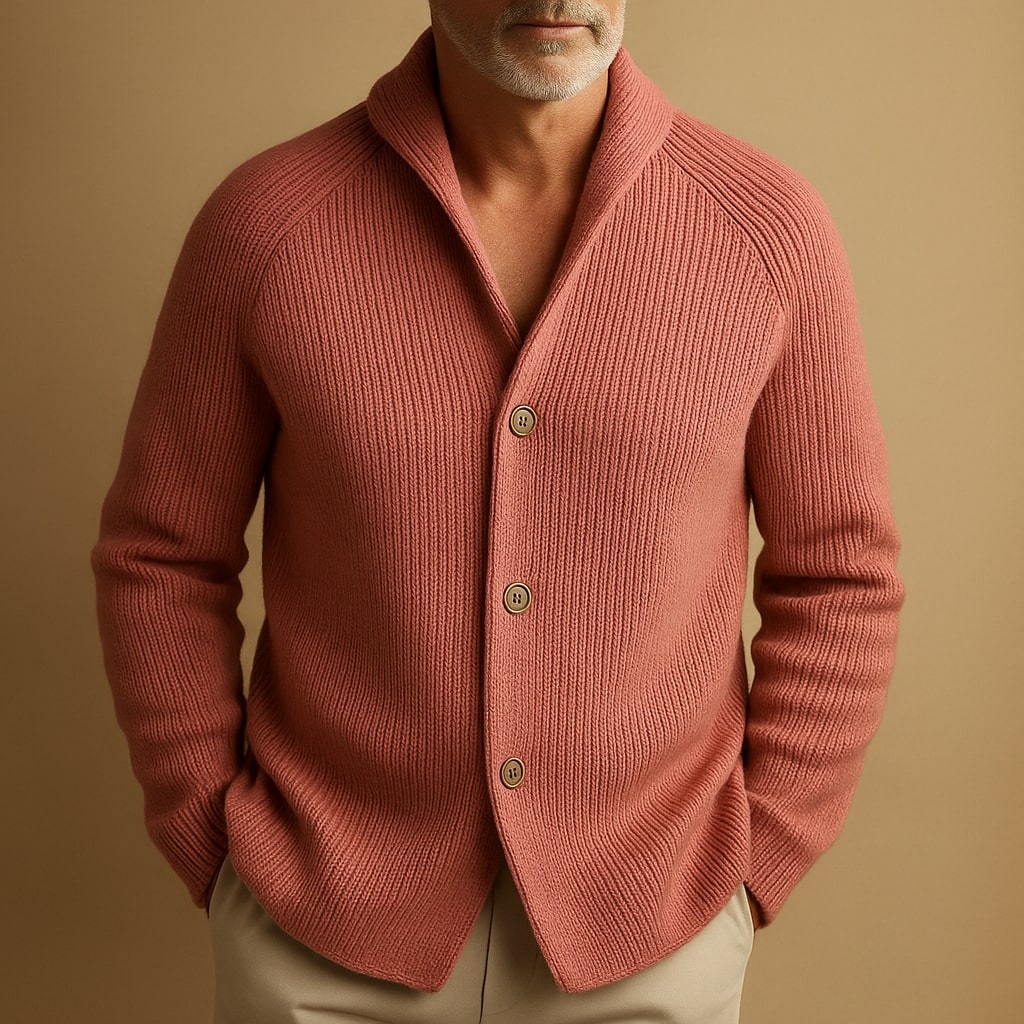 Detail shot of the front patch pocket on the Florian wool cardigan, showing its practical design.