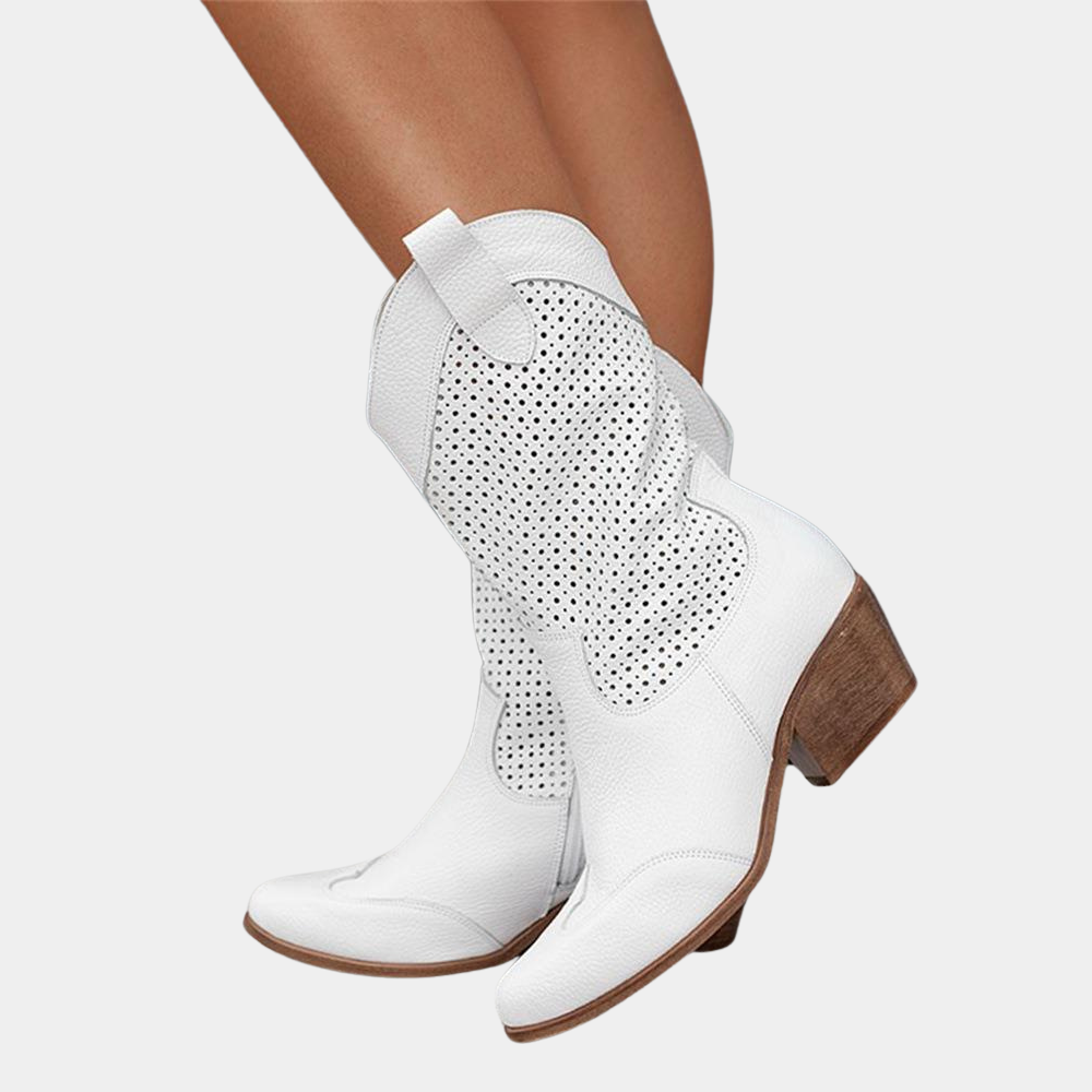 Rear view of the Hadley orthopedic cowboy boots, focusing on the stacked block heel and sole pattern.