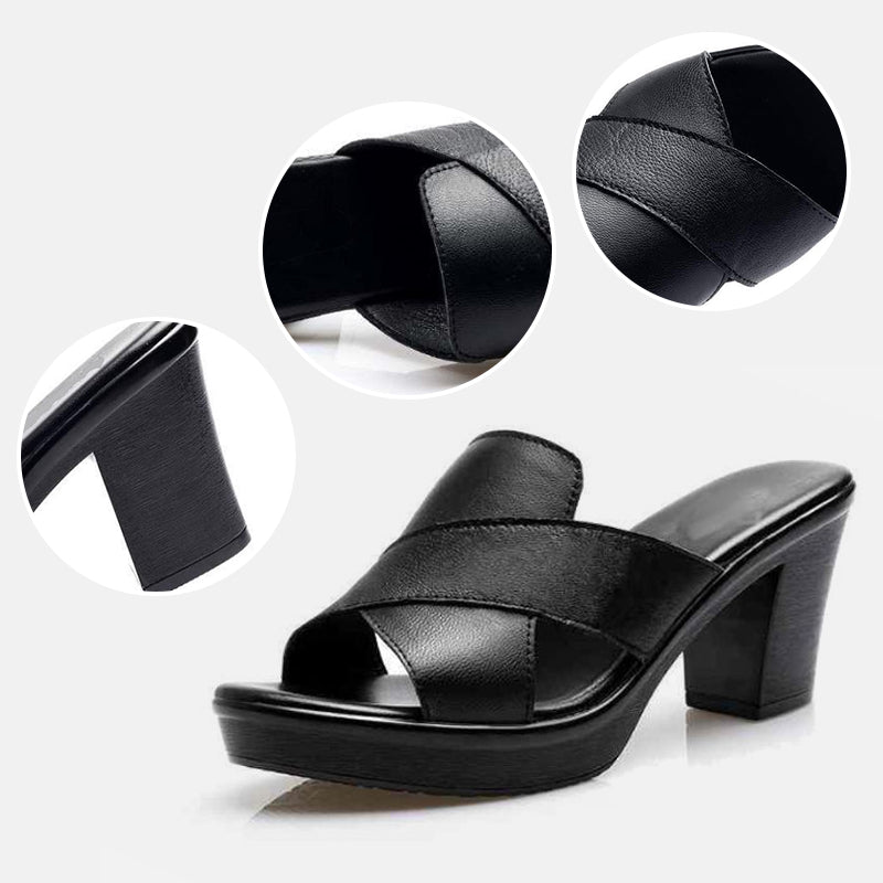 A stack of three pairs of elegant comfort sandals in different colors (green, black, brown), ready for selection.