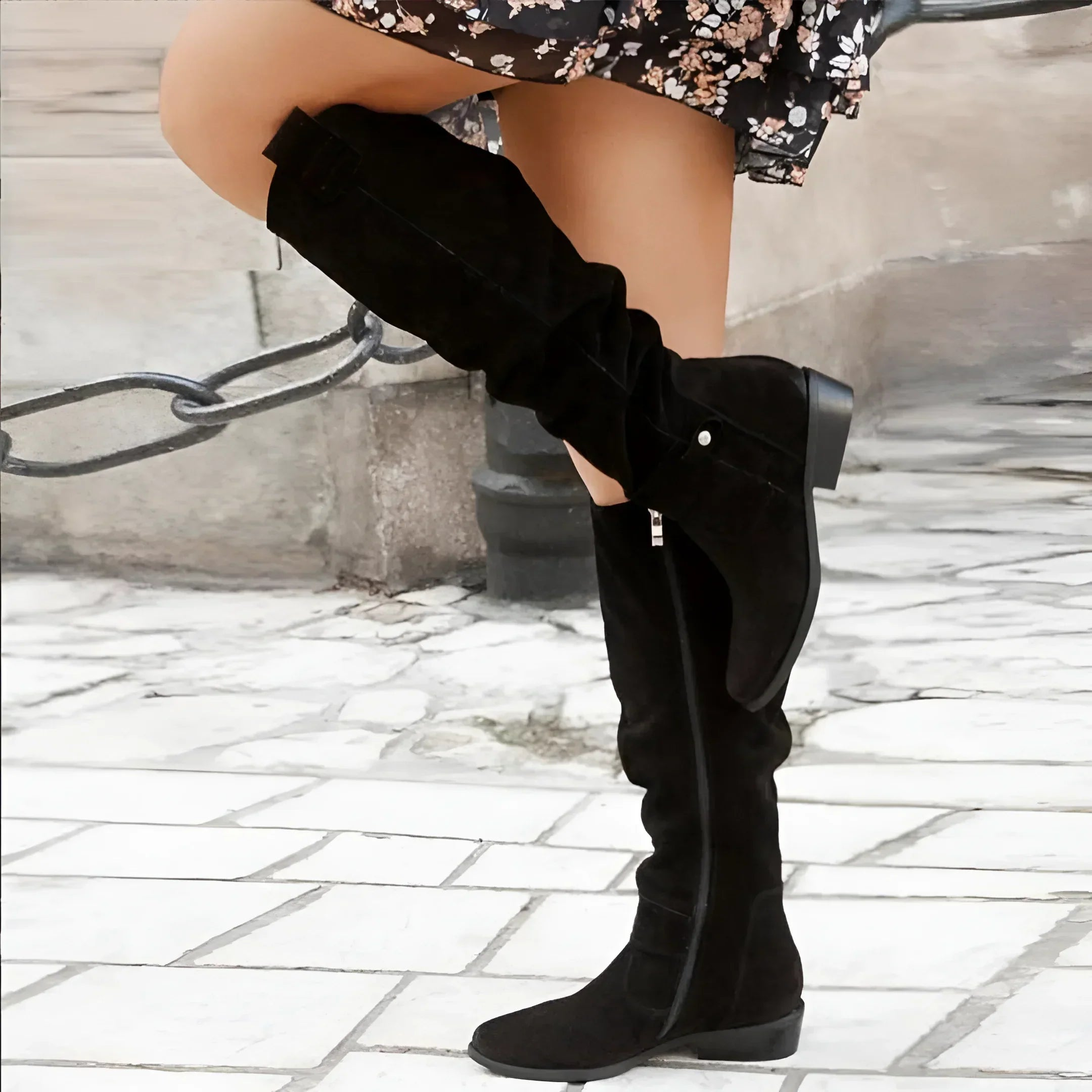 The interior lining of a Kalina knee-high suede boot, showing the quality craftsmanship and attention to detail.