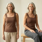 Model smiling while wearing the olive green Keisha comfort bra tanktop, showing comfort.