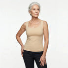 Front angle of the burgundy Keisha comfort bra tanktop, highlighting its flattering neckline.
