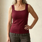 Model combining the burgundy Keisha comfort bra tanktop with an open shirt.
