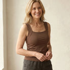 Back view of the burgundy Keisha comfort bra tanktop, showing the wide, comfortable straps.
