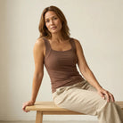 Model wearing the turquoise Keisha comfort bra tanktop, demonstrating its versatile style.