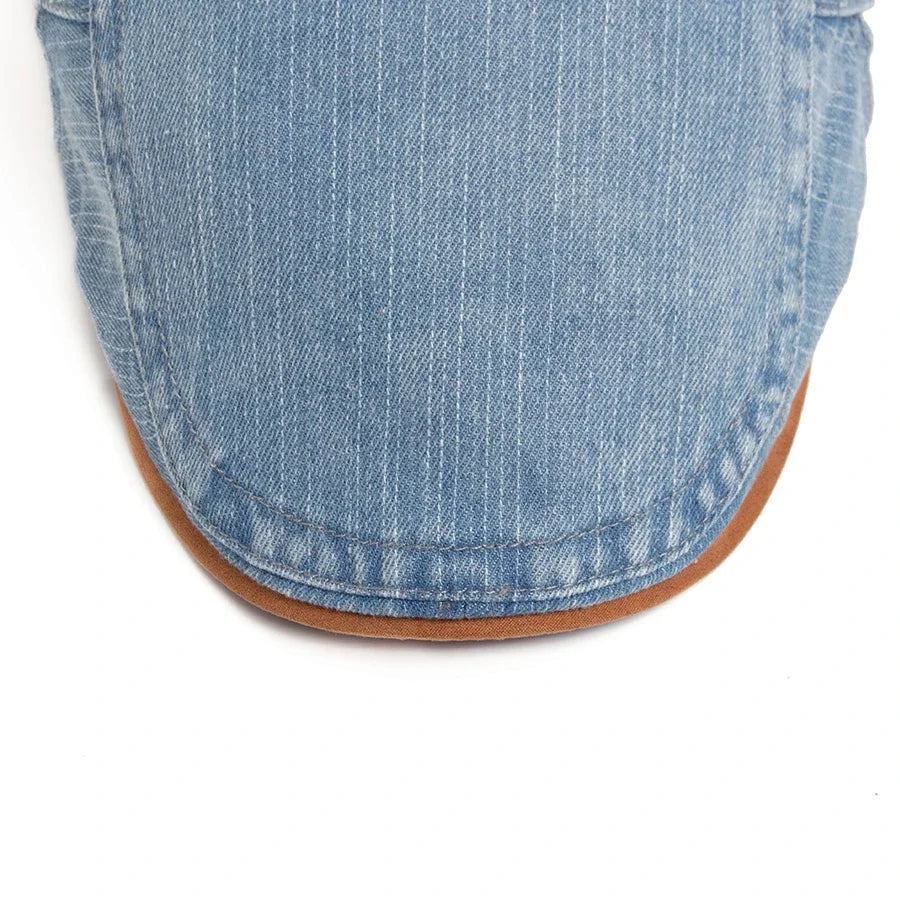 Back view of the Kian premium denim flat cap, displaying the smooth contour and quality finish.