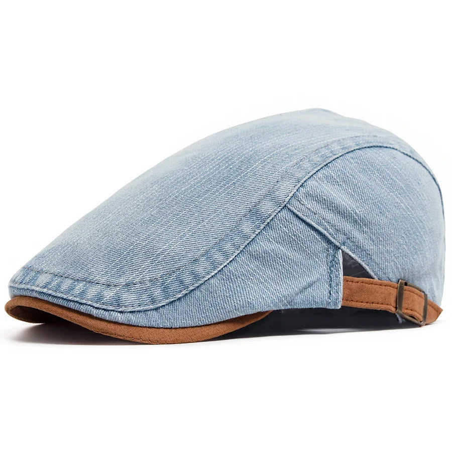 Side profile of the Kian premium denim flat cap, highlighting its sleek design and tailored fit.