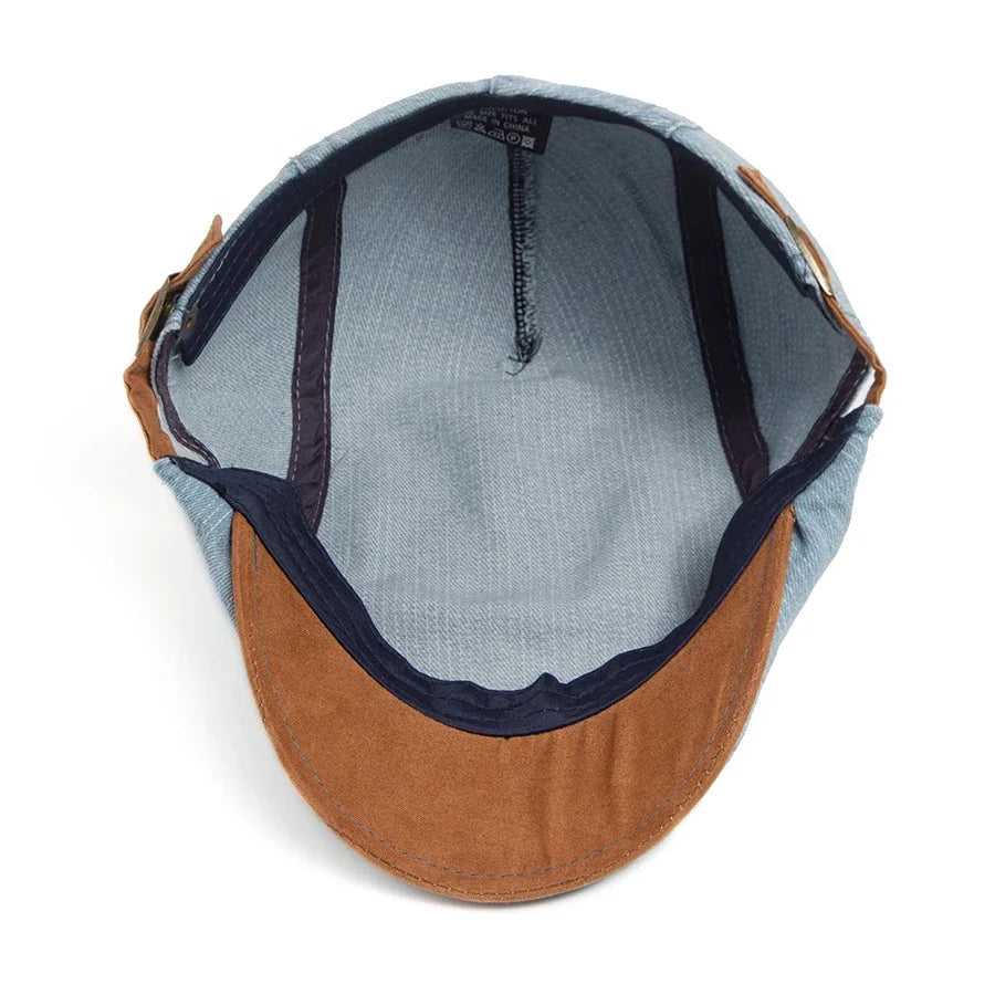 The interior lining of the Kian premium denim flat cap, illustrating the comfortable and breathable material.