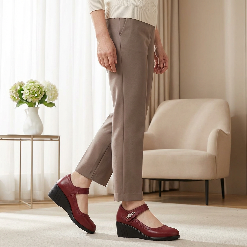 Elegant black leather orthopedic comfort shoes with a stable mid-heel, shown from a front-side angle.