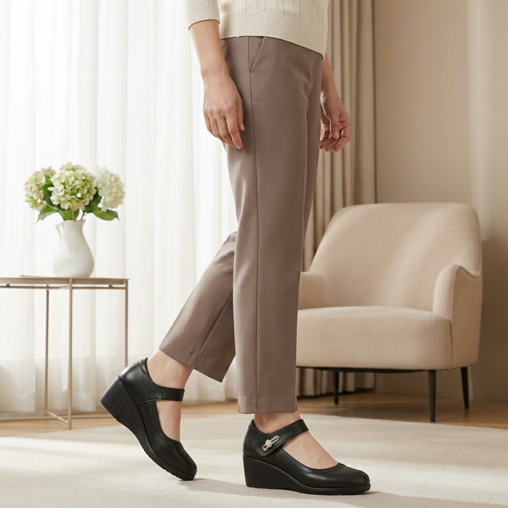 Close-up of the adjustable strap and decorative buckle on the Kiera orthopedic comfort shoe, highlighting the leather texture.