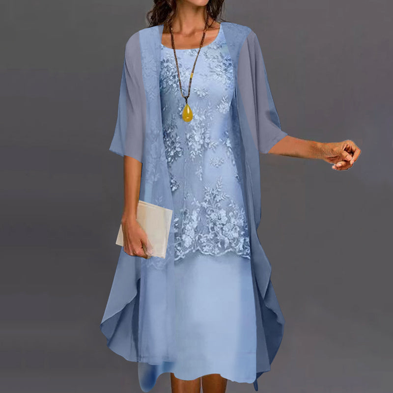 Side profile of a woman in the lilac Lumi chiffon two-piece dress, emphasizing the comfortable fit and layered top design.