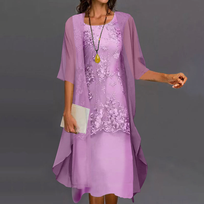 Detail shot of the 3/4 sleeves and round neckline of the Lumi chiffon two-piece dress, focusing on the refined stitching.