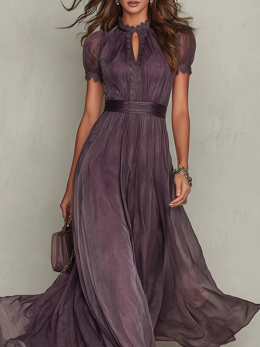 Back view of the purple chiffon lace maxi dress, emphasizing the graceful drape of the fabric and hidden zipper.