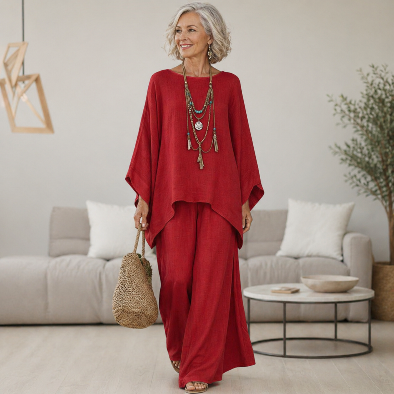 Side profile of the elegant two-piece set in light blue, highlighting the relaxed fit and comfortable drape of the fabric.