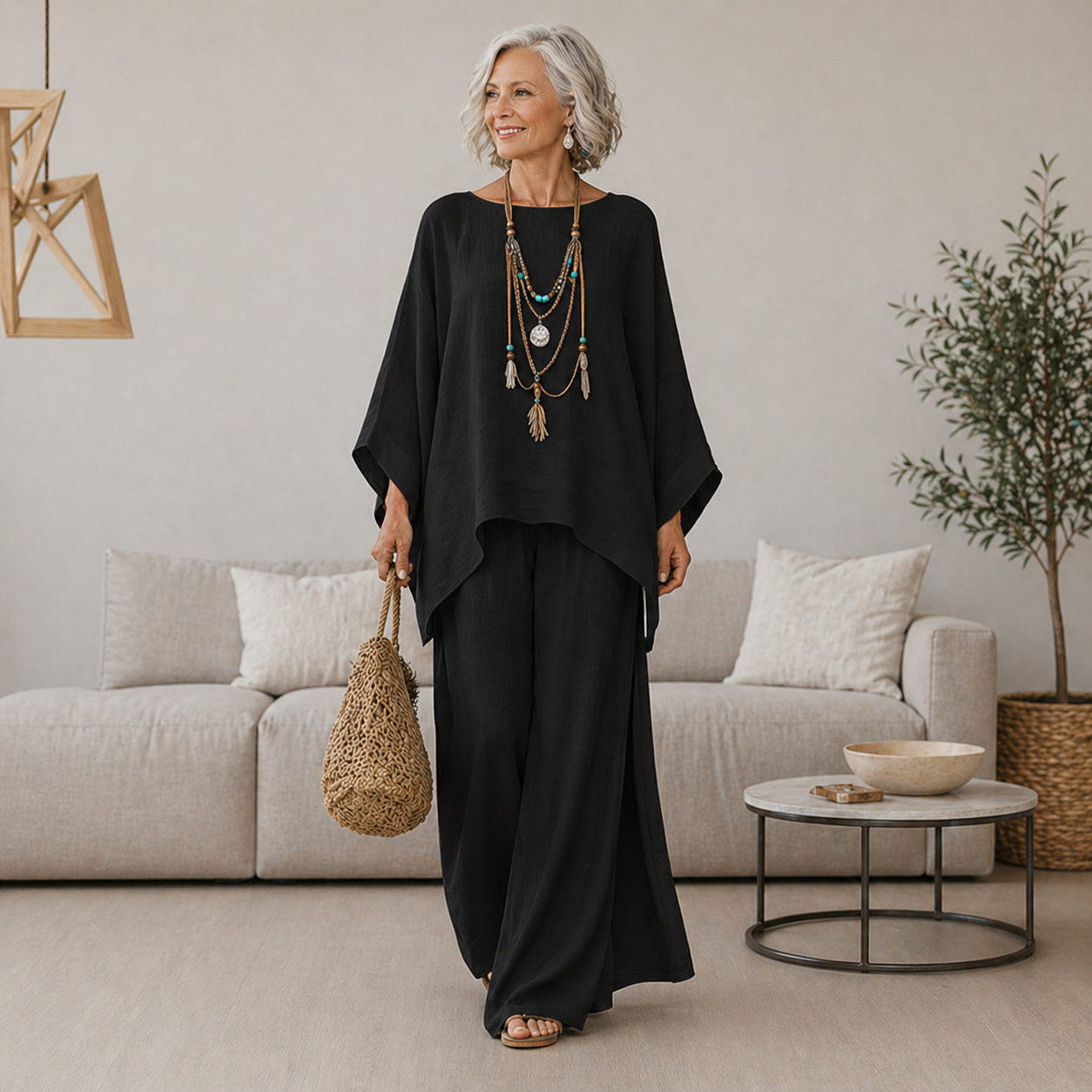 Lifestyle shot of the black Lyra elegant two-piece set, styled for a chic, relaxed evening look.