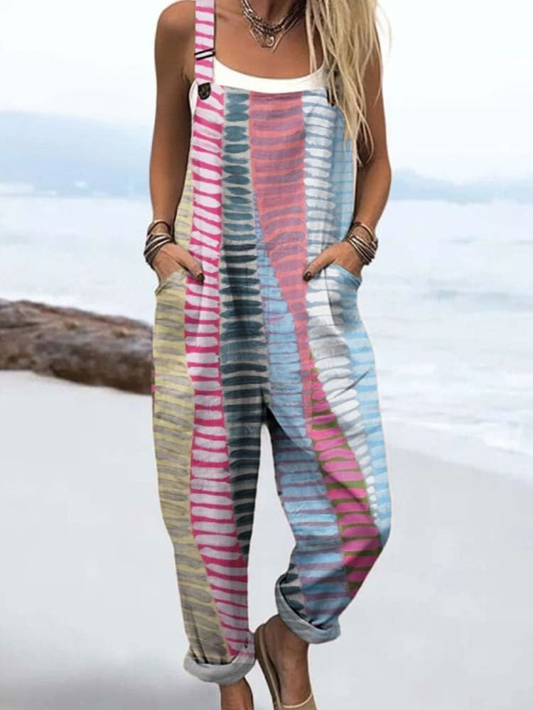 Front view of the Lysandra striped relaxed jumpsuit, showcasing its muted pastel colors and loose-fitting design on a female model.