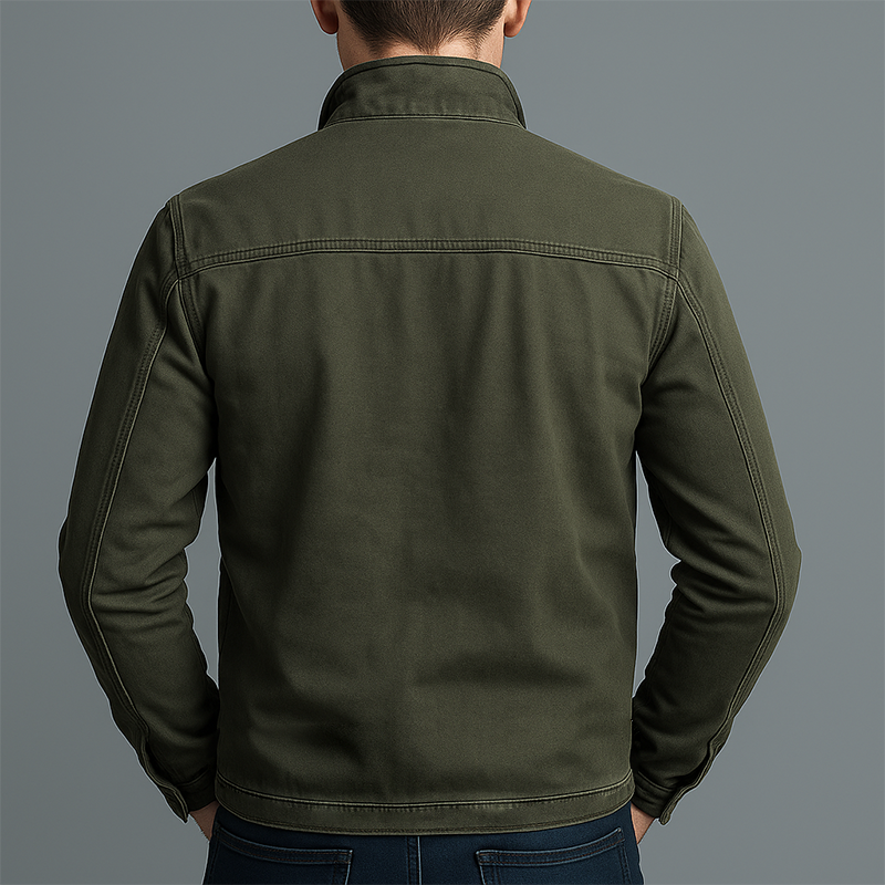 Close-up detail of the Matteo rugged thermal jacket's robust cotton-blend texture and sturdy stitching.