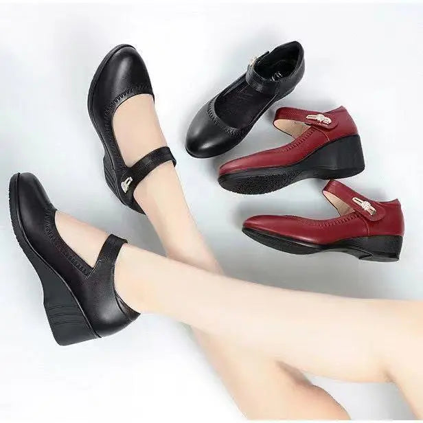 Stack of Paloma elegant mid-heel comfort shoes in various colors (red, black, beige), showcasing the available options.