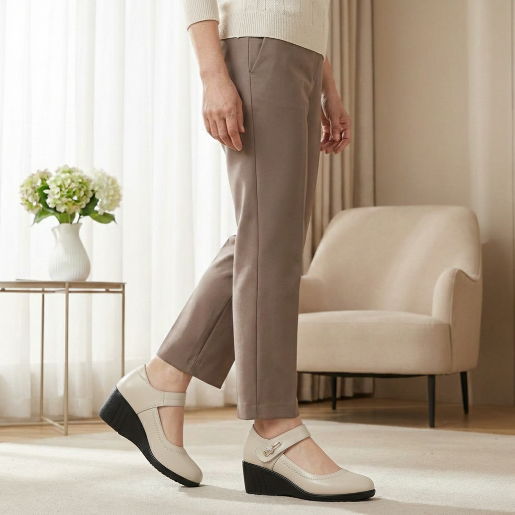 Side profile of a black Paloma comfort shoe, showcasing the stable 1.5-inch heel and ergonomic design.