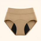 Front view of beige Nina leak-proof underwear on a clean white background, showcasing its smooth fabric.