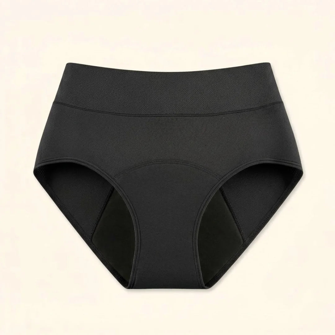 Close-up detail of the waistband stitching on black Nina leak-proof underwear, highlighting quality construction.