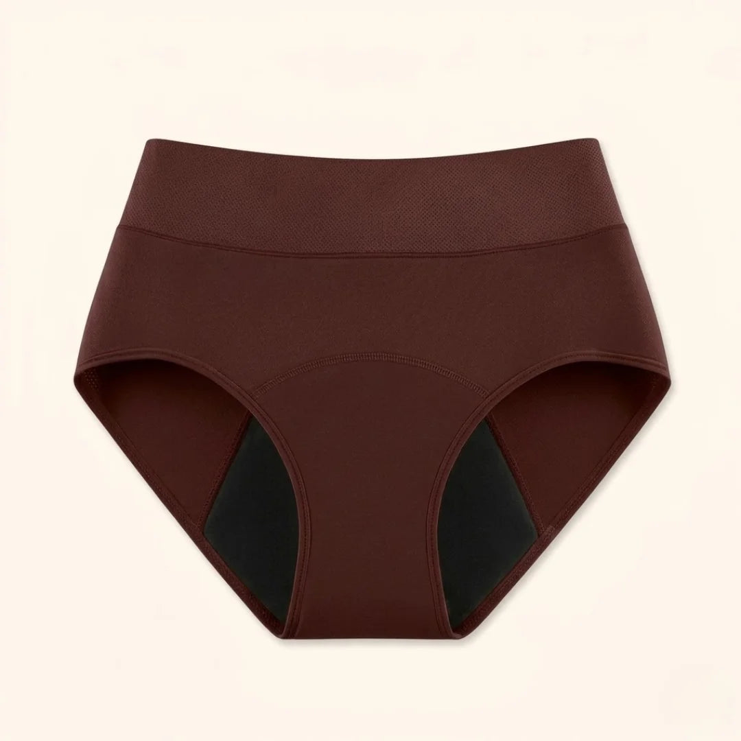 Side profile of brown Nina leak-proof underwear, demonstrating its ergonomic fit and coverage.