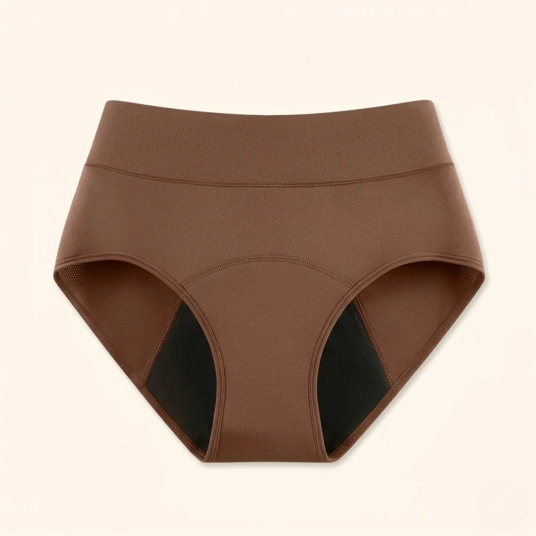 Flat lay of a pair of dark brown Nina leak-proof underwear, emphasizing its soft texture.