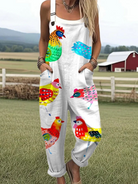 Front view of the Seraphine playful printed jumpsuit, showcasing its unique chicken pattern in vibrant colors against a neutral background.