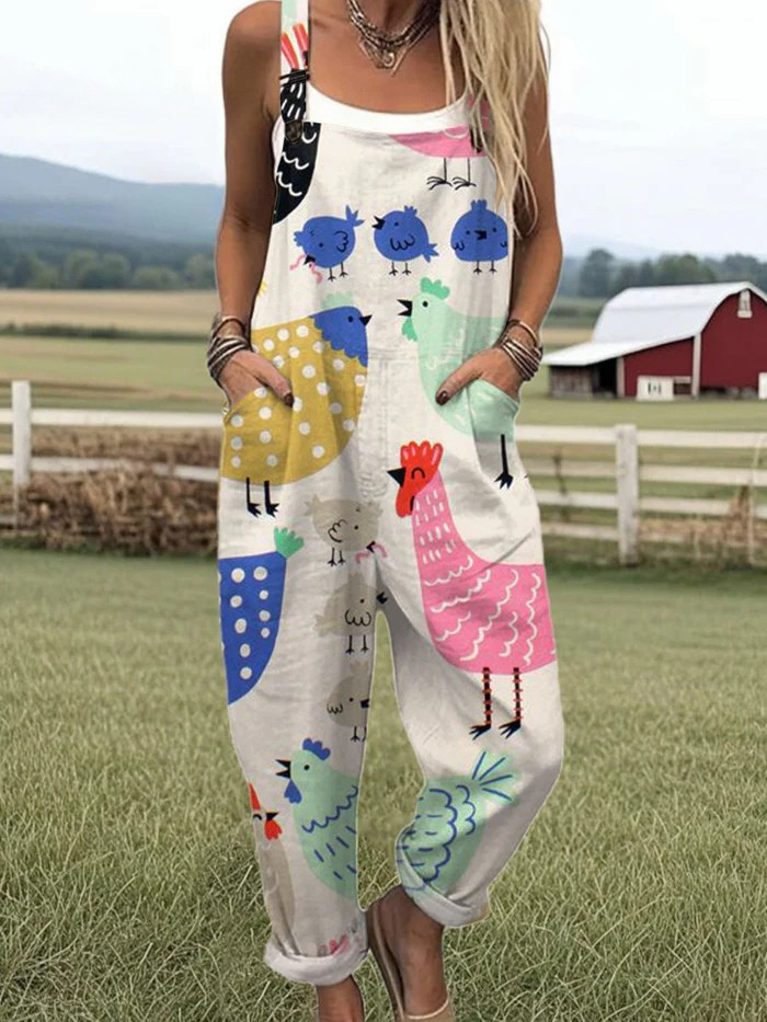 Front view of a woman wearing the whimsical patterned jumpsuit, showcasing its relaxed fit and vibrant design in a natural light setting.