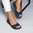 Blue Zara open-toe non-slip sandals, top-down view, emphasizing the open-toe style and foot support.